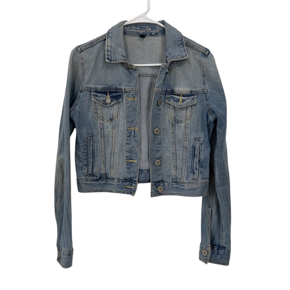 American Eagle Womens S/P Retro Cropped Denim Jacket Aztec Red Back Panel Casual - Picture 15 of 15